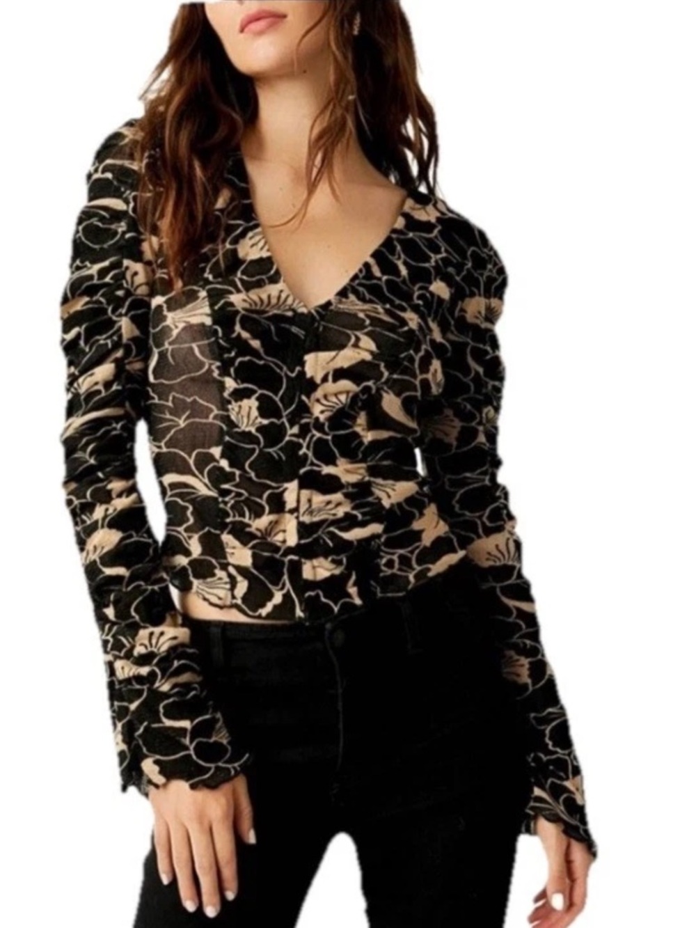 Free People Through The Meadow Floral Bobo Long Sleeve Top Women’s XS